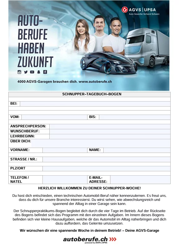 Checkliste zur Gestaltung einer interessanten Schnupperlehre im Autogewerbe.