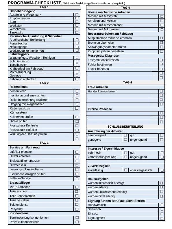 Checkliste zur Gestaltung einer interessanten Schnupperlehre im Autogewerbe.